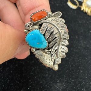 Navajo Native American Turquoise and Coral Sterling Silver Ring Signed JH